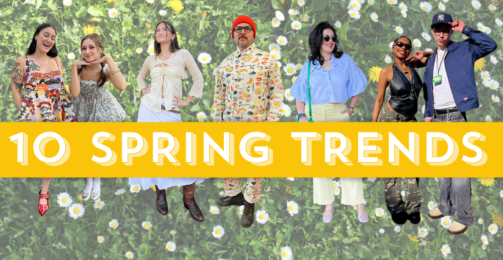 Collage of people styled in spring outfits with text that reads "10 Spring Trends"