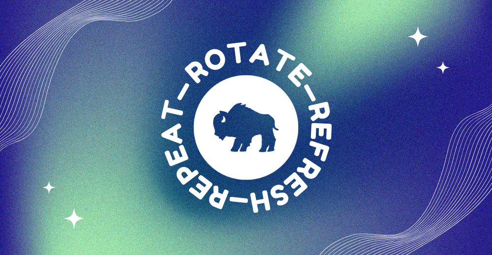 Buffalo Exchange icon with the words Rotate-Refresh-Repeat surrounding it with a galaxy background