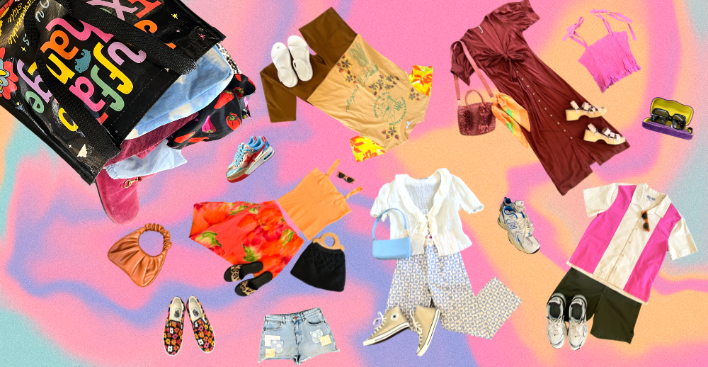 Photo collage of colorful summer clothing and accessories falling out of Buffalo Exchange tote