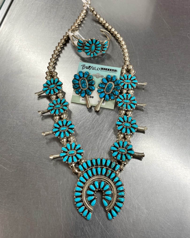 Vintage Native American turquoise squash blossom necklace with matching earrings and cuff