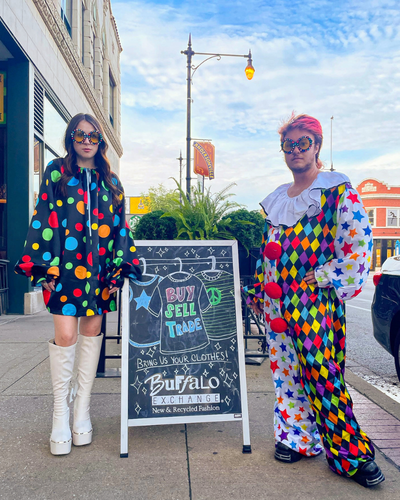 Polka dot dress and vintage jumpsuit clown Halloween costumes