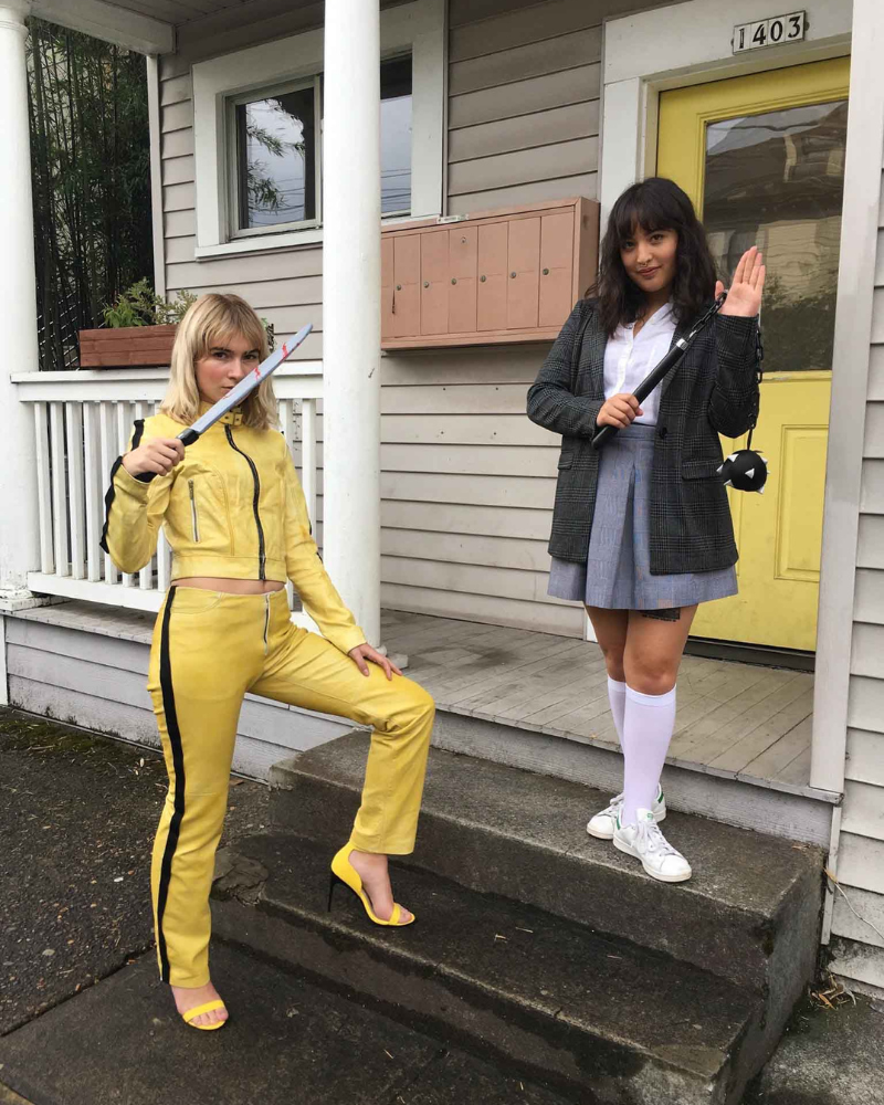 Halloween costumes of The Bride/Black Mamba and Gogo Yubari from Kill Bill Vol. 1